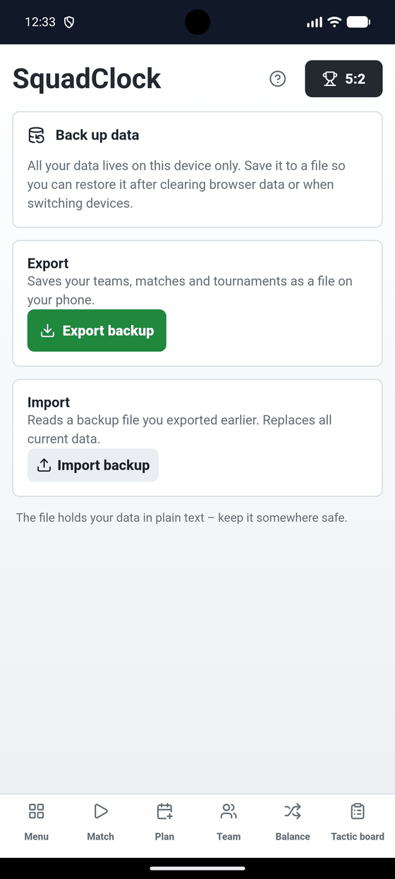 Premium view for exporting and importing all SquadClock data as a file