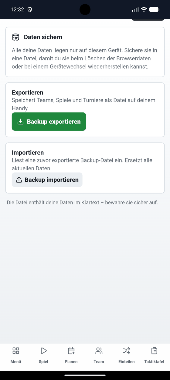 Premium-Ansicht zum Exportieren und Importieren aller SquadClock-Daten als Datei