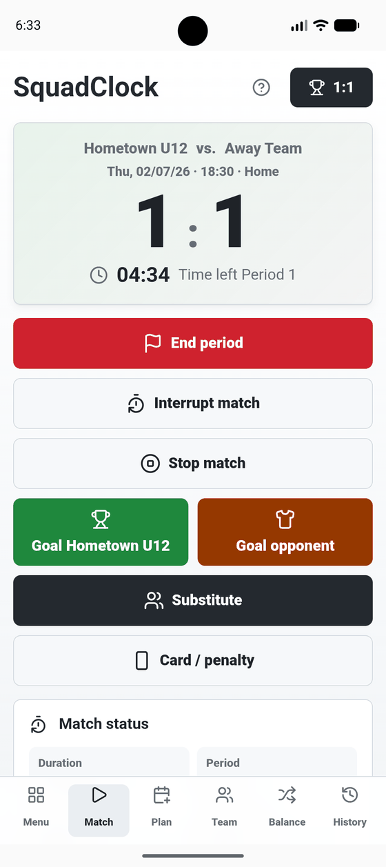 SquadClock on a smartphone: live match view with running clock, score and buttons for goals, substitutions and cards