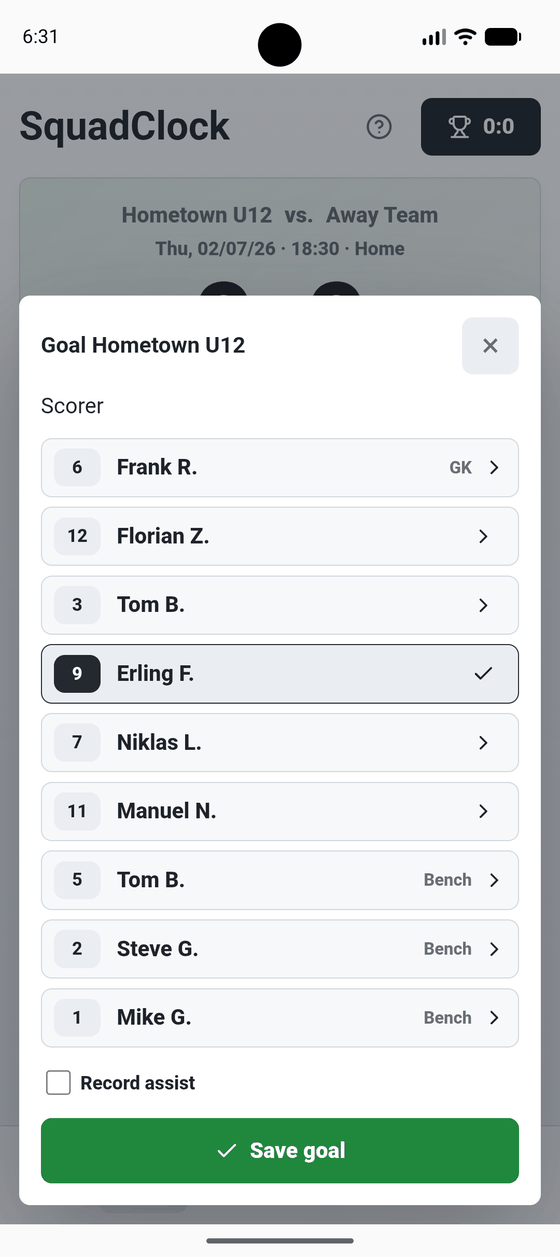 Dialog for recording a goal with scorer and assist selection