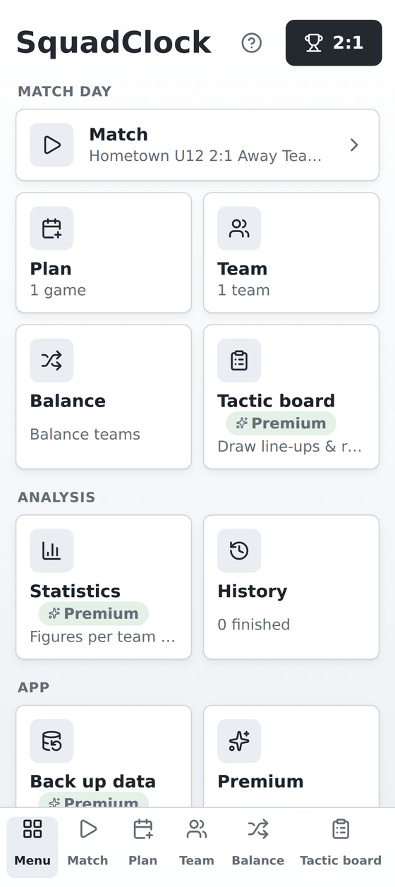 SquadClock menu overview with the Match day, Analysis and App sections — there is no account or sign-in area