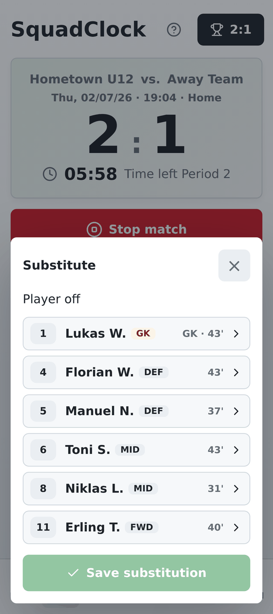 SquadClock substitution dialog listing the players on the pitch with the minutes each has already played