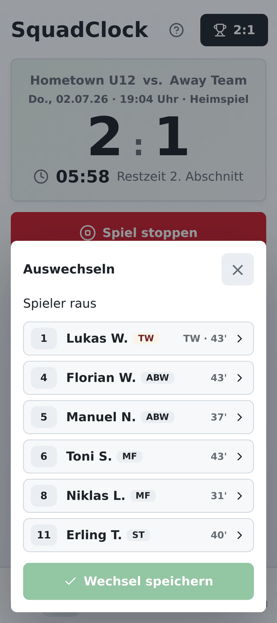 Wechseldialog von SquadClock mit der Liste der Spieler auf dem Feld und den bereits gespielten Minuten je Spieler