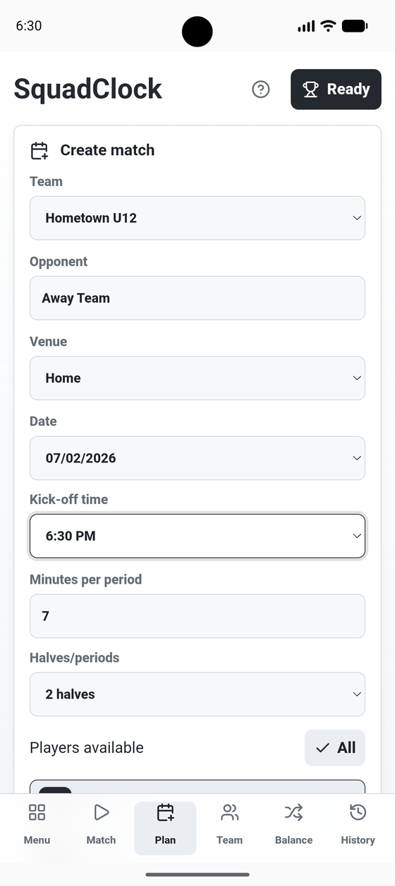 Match planning form with opponent, venue, kick-off time and number of periods