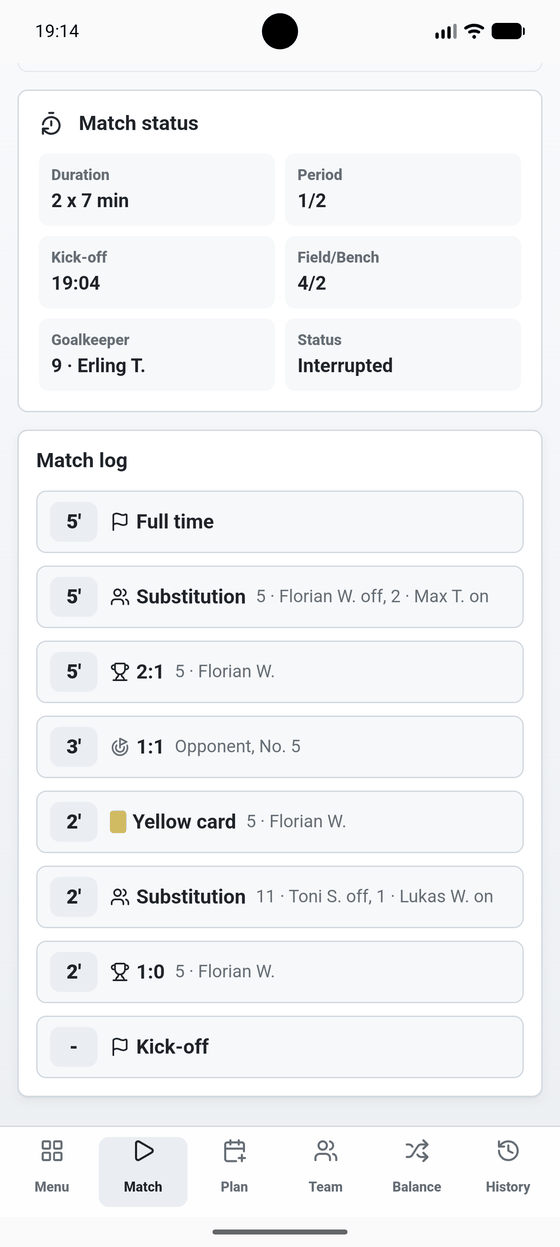Chronological match log with goals, cards and substitutions including the match minute
