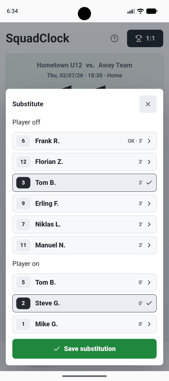 Substitution dialog listing players with the minutes each has already played
