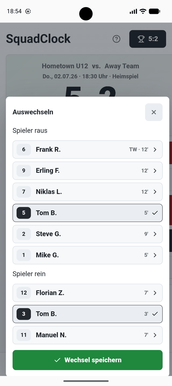 Wechseldialog mit Liste der Spieler und den bereits gespielten Minuten je Spieler