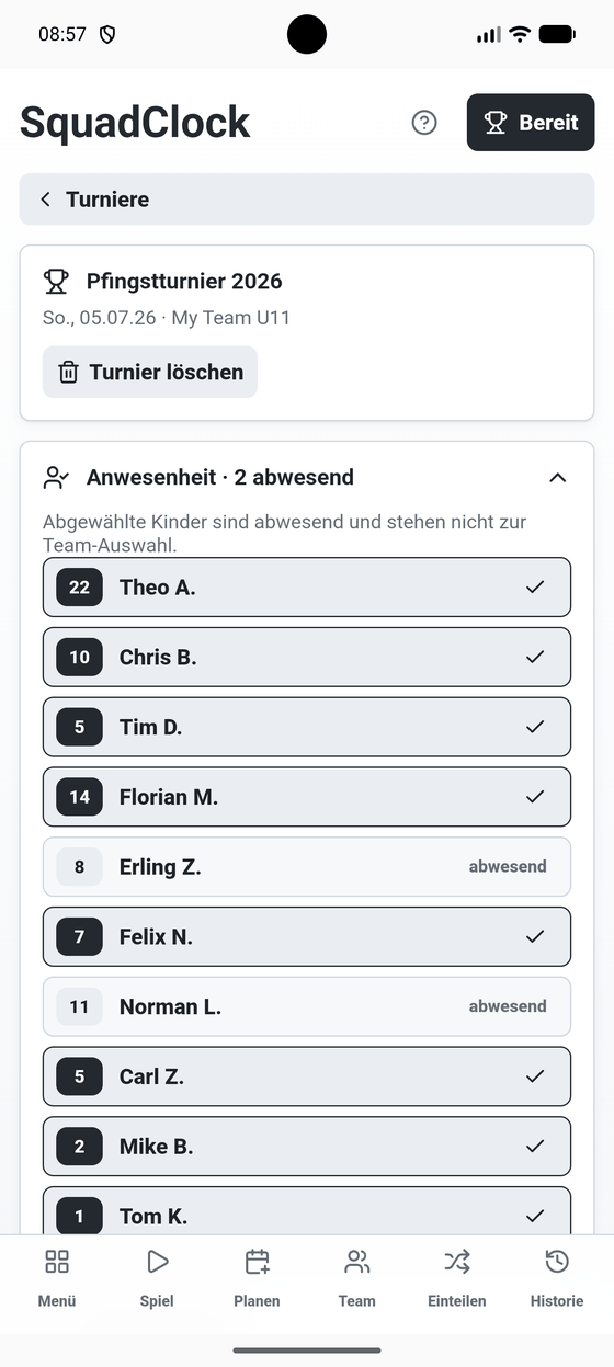 Turnierübersicht mit Name, Datum und den zugehörigen Spielen