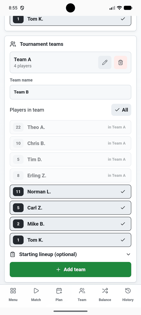 Squad split into several tournament teams