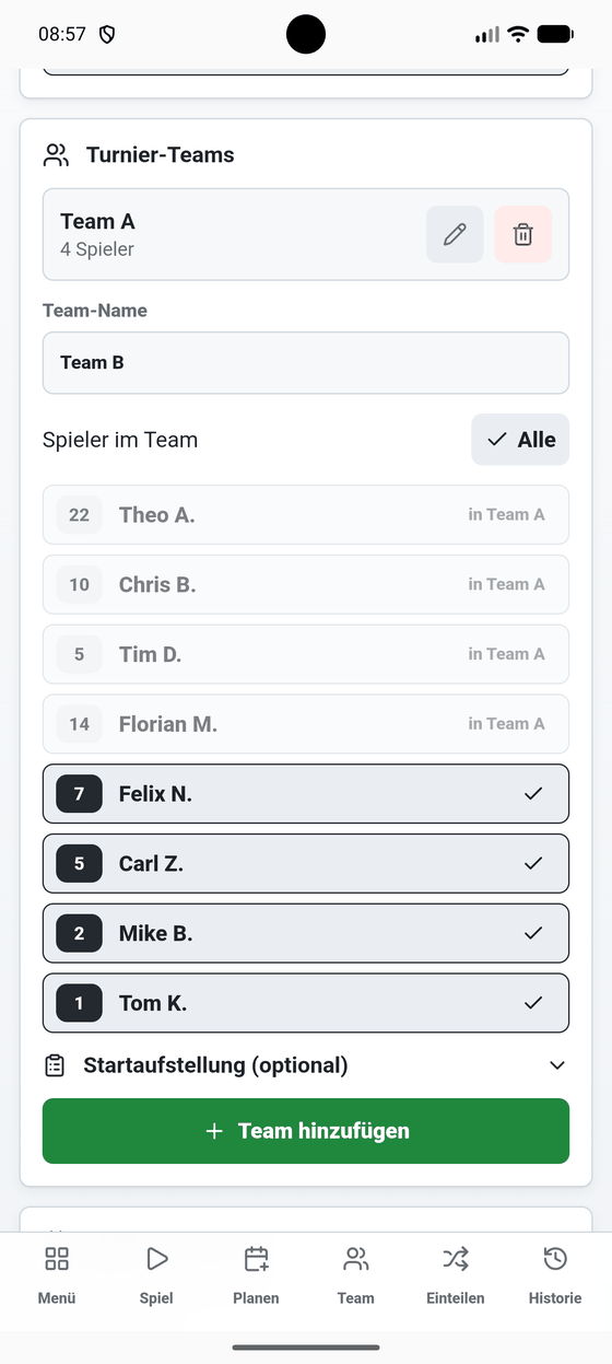 Aufteilung des Kaders in mehrere Turnierteams
